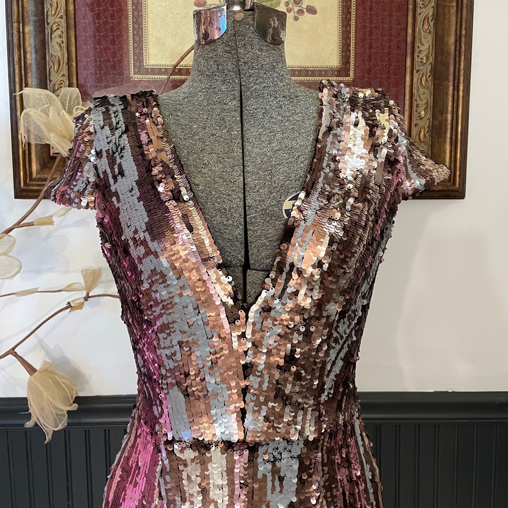 Dress the Population Zoe Dimensional Sequin Plunge Mini Dress Sz S 🧡🎀 - Picture 3 of 13